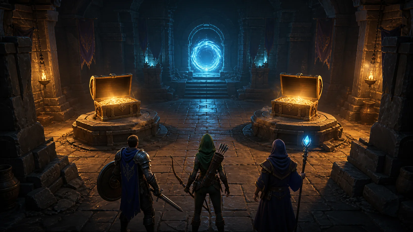 Three original fantasy adventurers facing two glowing reward chests and a blue return portal in a stone dungeon room