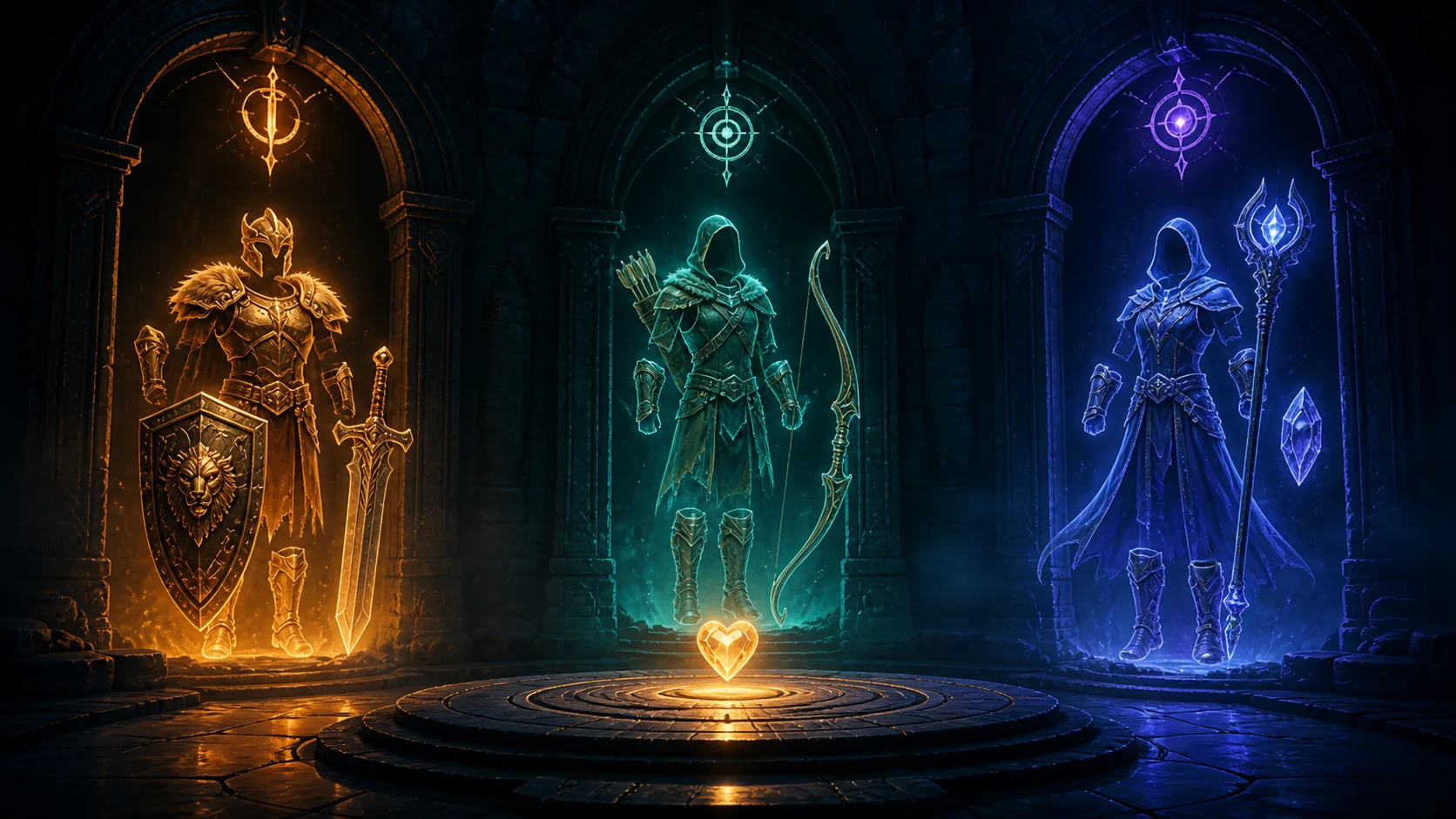 Original fantasy illustration of physical, ranged, and magic archetypes displayed in a dungeon hall