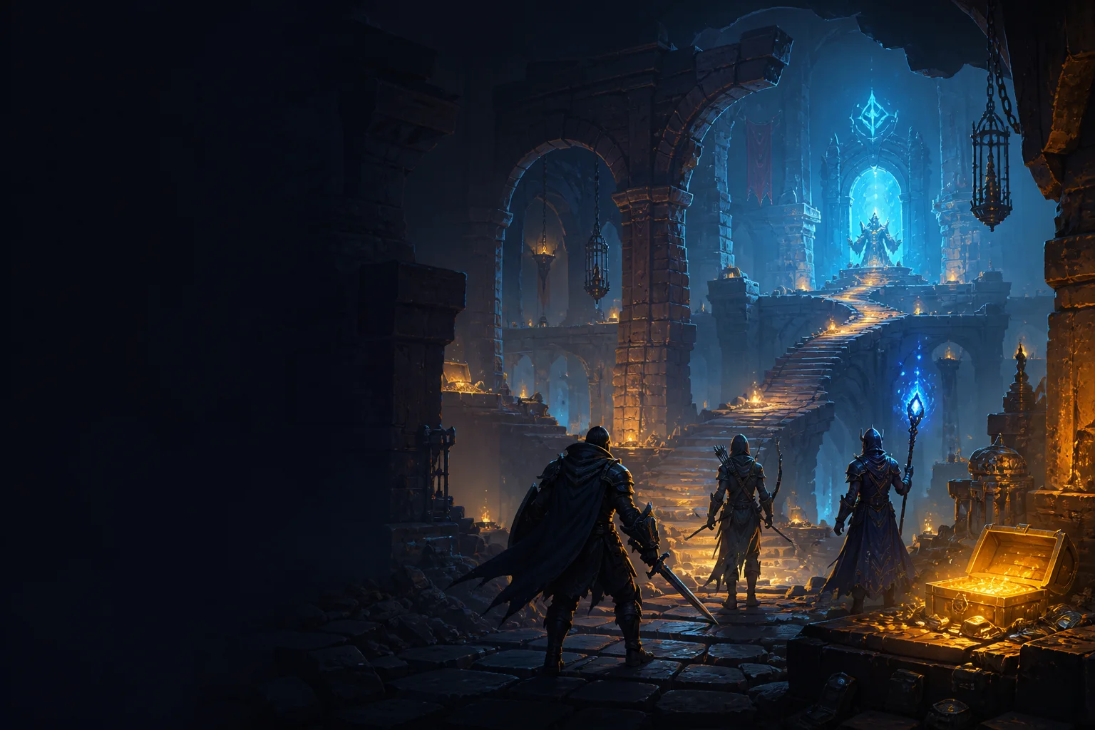 Three original fantasy adventurers facing treasure chests and a blue portal in a dark stone dungeon